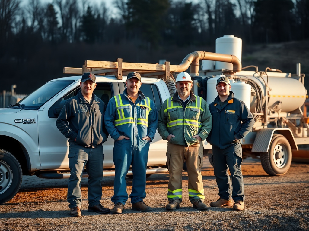 Spray foam subcontractor crew beside their work truck and equipment trailer
