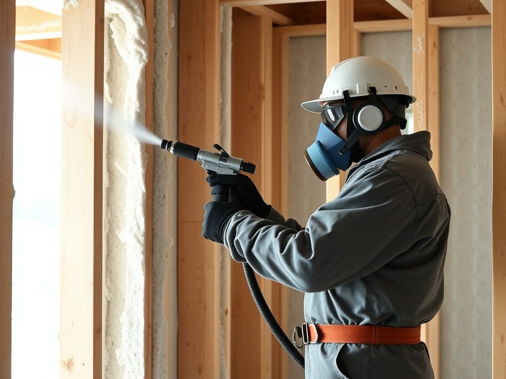 Spray foam subcontractor technician applying closed-cell foam insulation to open wall framing