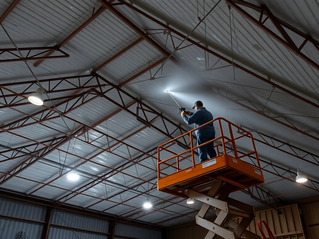 Technician spray-applying foam insulation to the roof deck inside a metal pole barn building